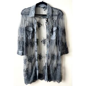 NEW Women's Anthropologie Pol Sheer Lace Button Down Blouse, Dark Grey - Size L